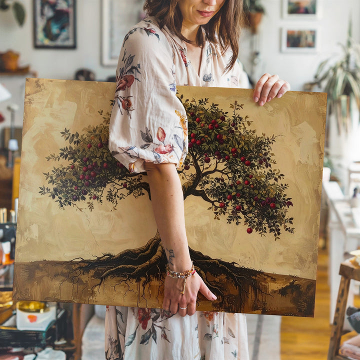 Tree of Life Canvas – Symbolic Fruit Tree with Deep Roots on Parchment Background - Gifitto