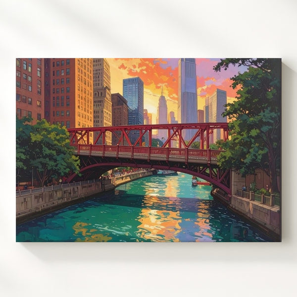 Chicago River Sunset Canvas – Bold Urban Skyline with Red Bridge Wall Art - Gifitto