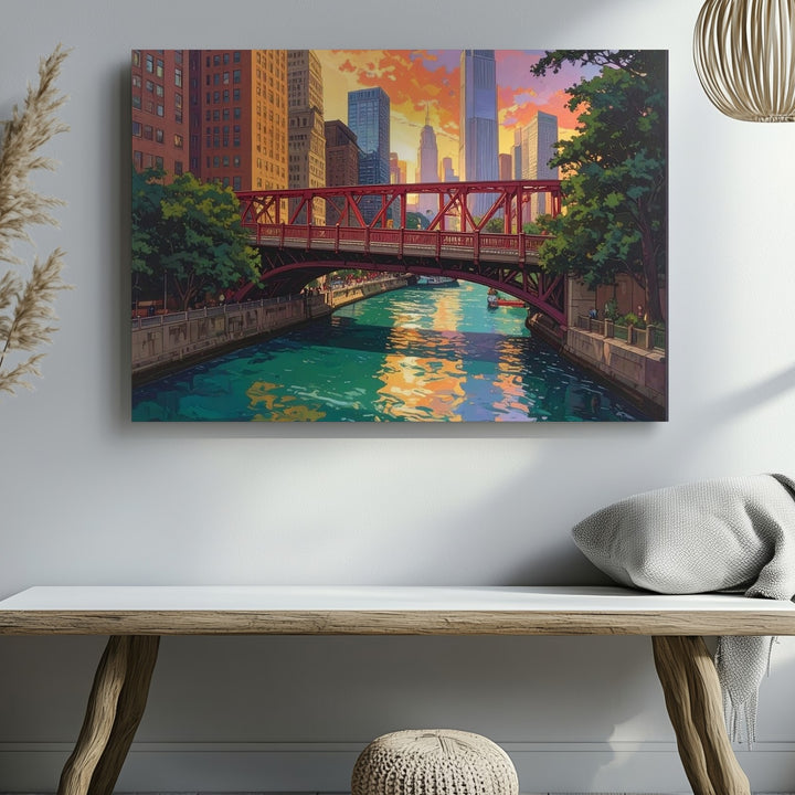 Chicago River Sunset Canvas – Bold Urban Skyline with Red Bridge Wall Art - Gifitto