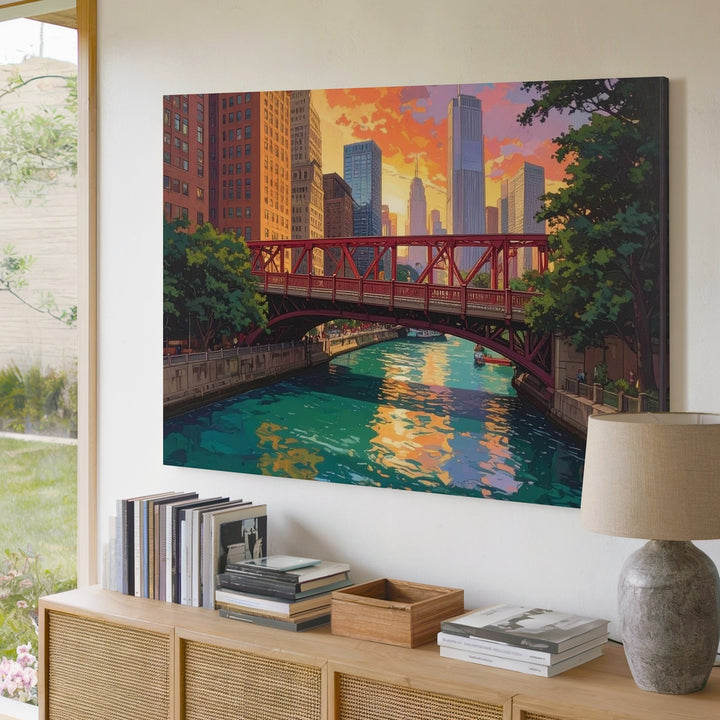 Chicago River Sunset Canvas – Bold Urban Skyline with Red Bridge Wall Art - Gifitto
