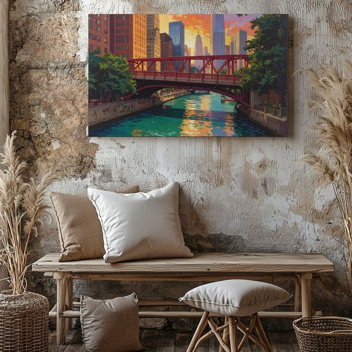 Chicago River Sunset Canvas – Bold Urban Skyline with Red Bridge Wall Art - Gifitto