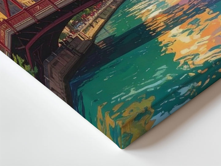Chicago River Sunset Canvas – Bold Urban Skyline with Red Bridge Wall Art - Gifitto