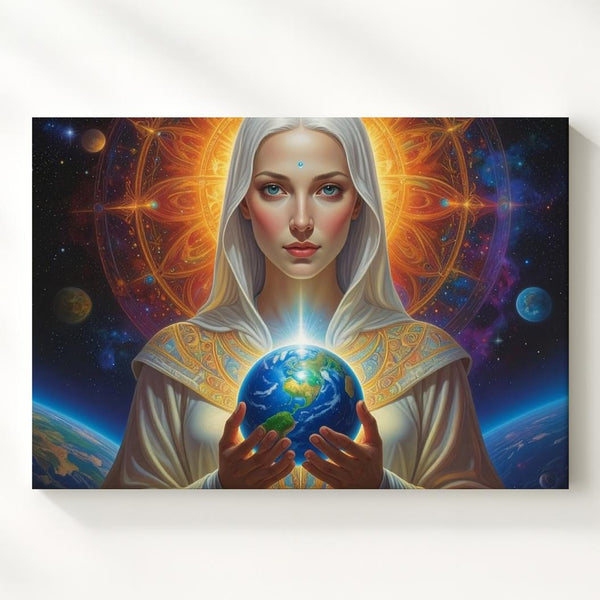 Cosmic Protector Canvas – Ethereal Being Holding Earth Under Stellar Backdrop - Gifitto