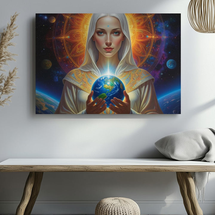 Cosmic Protector Canvas – Ethereal Being Holding Earth Under Stellar Backdrop - Gifitto