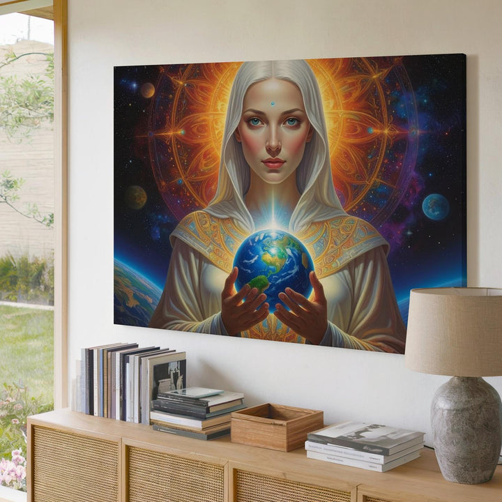 Cosmic Protector Canvas – Ethereal Being Holding Earth Under Stellar Backdrop - Gifitto