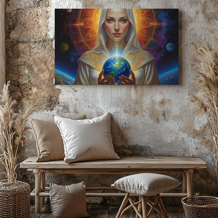 Cosmic Protector Canvas – Ethereal Being Holding Earth Under Stellar Backdrop - Gifitto