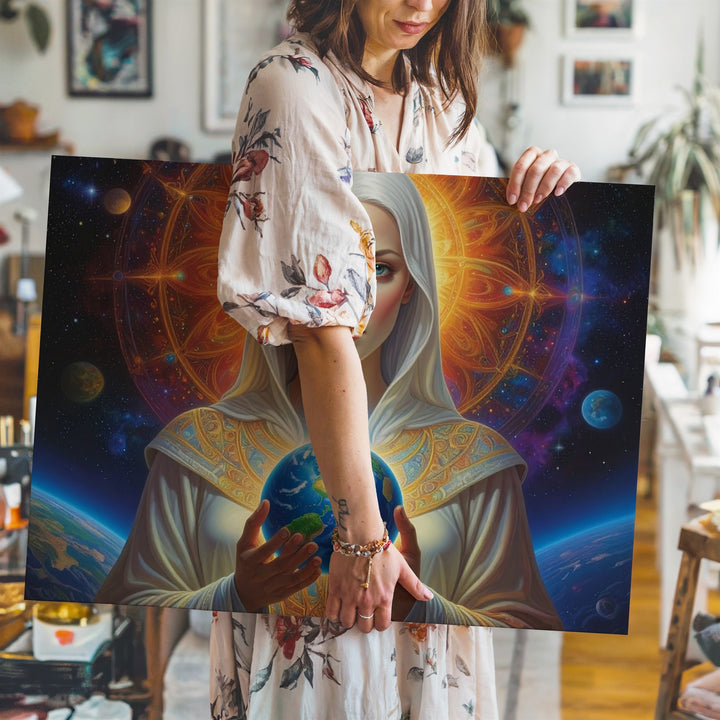 Cosmic Protector Canvas – Ethereal Being Holding Earth Under Stellar Backdrop - Gifitto