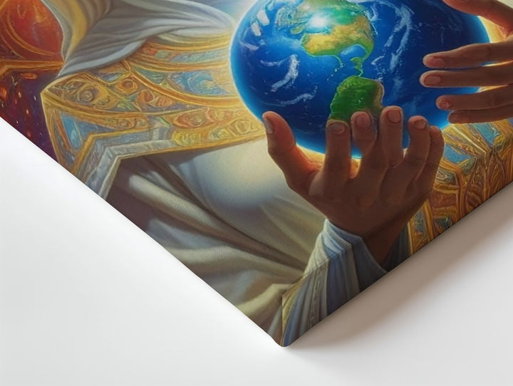 Cosmic Protector Canvas – Ethereal Being Holding Earth Under Stellar Backdrop - Gifitto