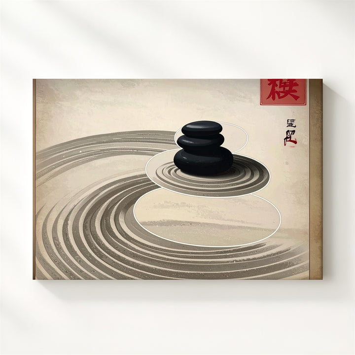 Zen Stone Circle Canvas – Minimalist Raked Sand & Kanji Wall Art - Gifitto