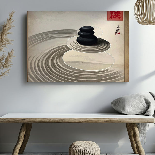 Zen Stone Circle Canvas – Minimalist Raked Sand & Kanji Wall Art - Gifitto