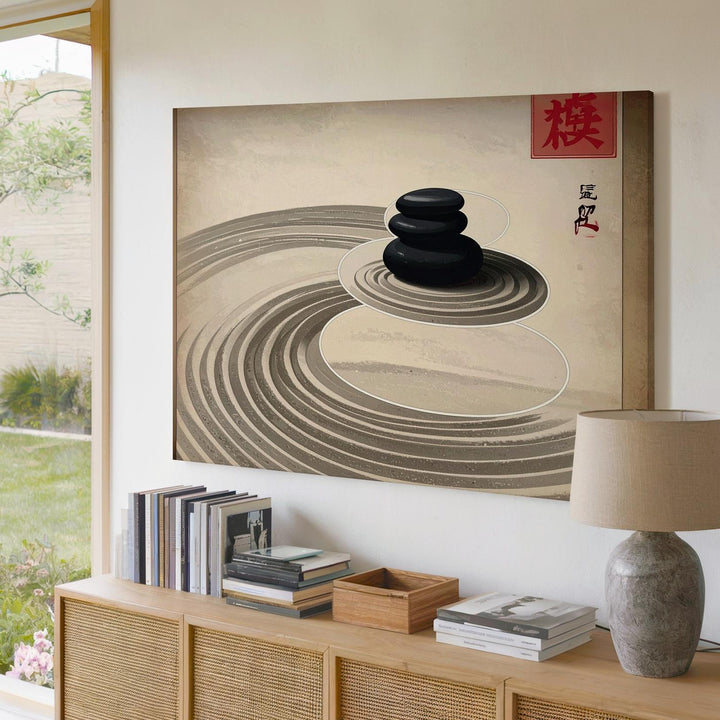 Zen Stone Circle Canvas – Minimalist Raked Sand & Kanji Wall Art - Gifitto