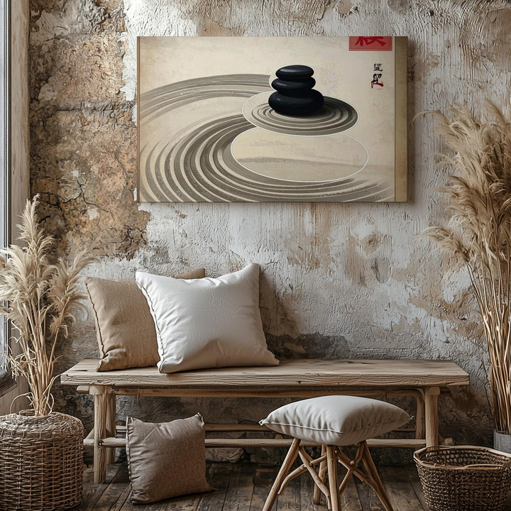 Zen Stone Circle Canvas – Minimalist Raked Sand & Kanji Wall Art - Gifitto