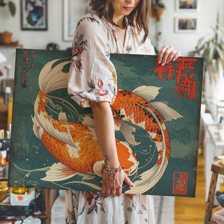 Yin-Yang Koi Fish Canvas – Traditional Japanese Calligraphy & Harmony Art - Gifitto