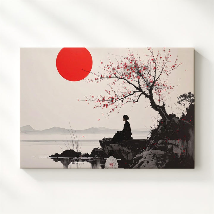 Solitary Figure & Red Sun Canvas – Minimalist Sumi-e Cliffside Reflection Art - Gifitto