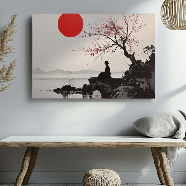 Solitary Figure & Red Sun Canvas – Minimalist Sumi-e Cliffside Reflection Art - Gifitto
