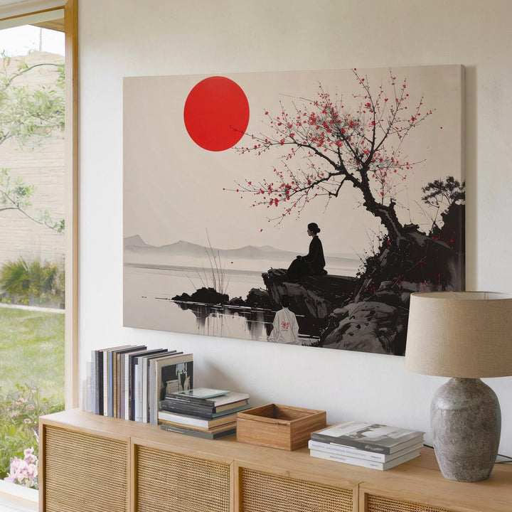 Solitary Figure & Red Sun Canvas – Minimalist Sumi-e Cliffside Reflection Art - Gifitto