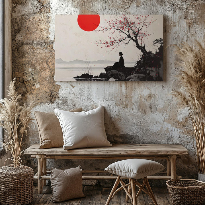Solitary Figure & Red Sun Canvas – Minimalist Sumi-e Cliffside Reflection Art - Gifitto