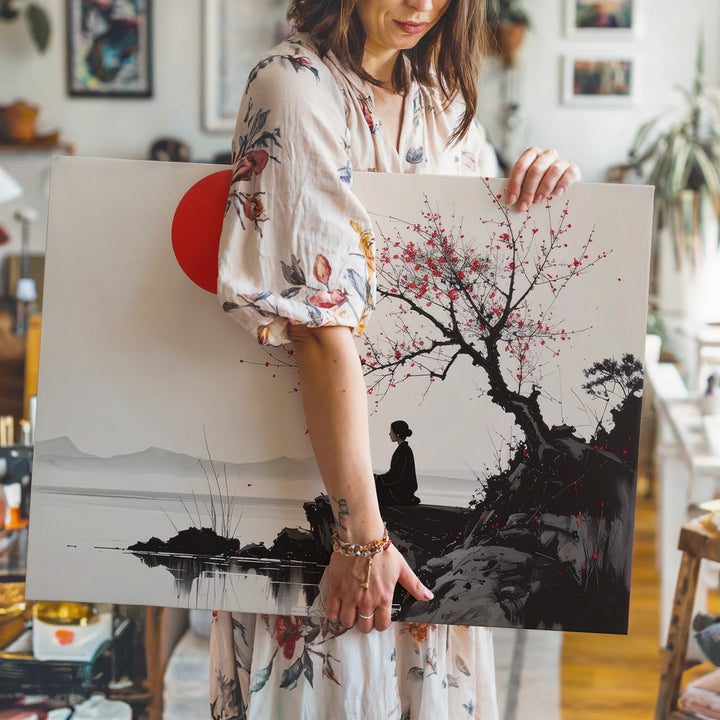 Solitary Figure & Red Sun Canvas – Minimalist Sumi-e Cliffside Reflection Art - Gifitto