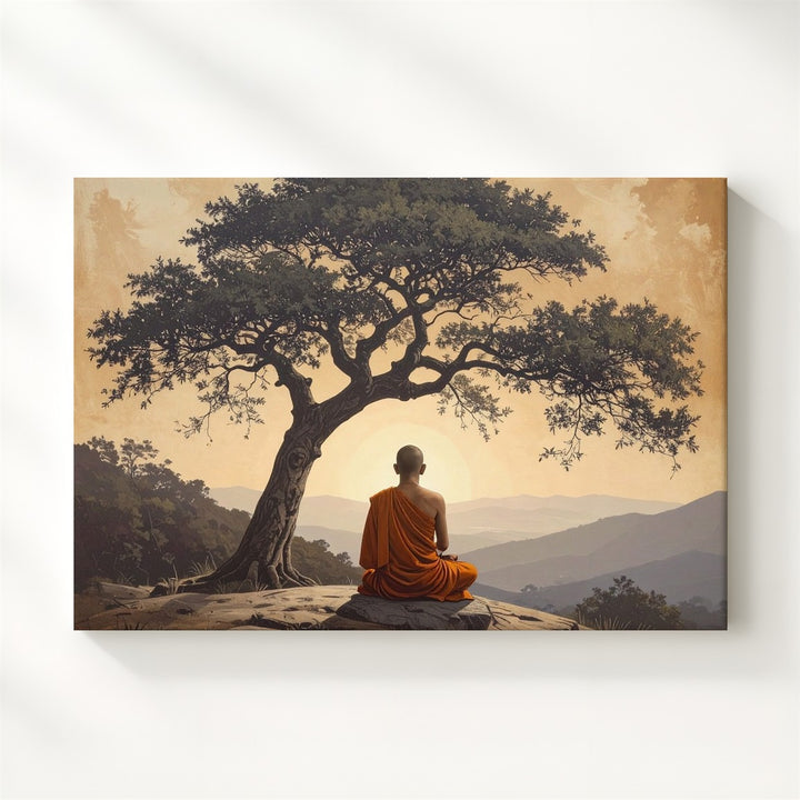 Monk Beneath Tree Canvas – Spiritual Solitude & Golden Sky Meditation Art - Gifitto