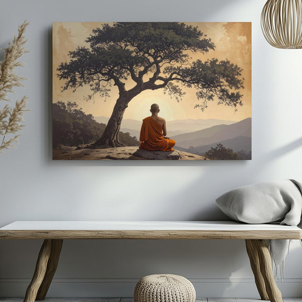 Monk Beneath Tree Canvas – Spiritual Solitude & Golden Sky Meditation Art - Gifitto