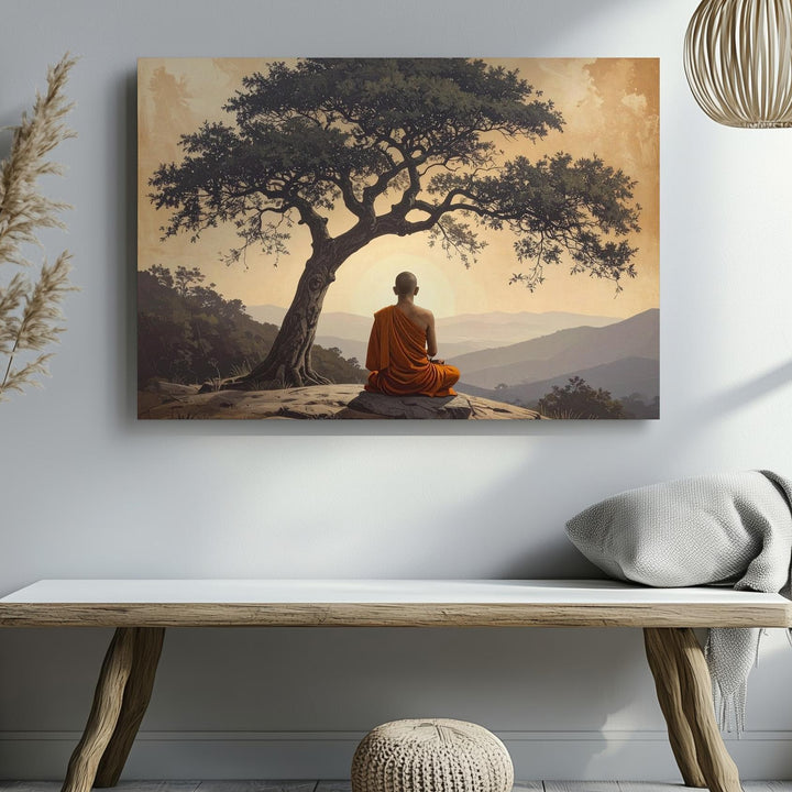 Monk Beneath Tree Canvas – Spiritual Solitude & Golden Sky Meditation Art - Gifitto