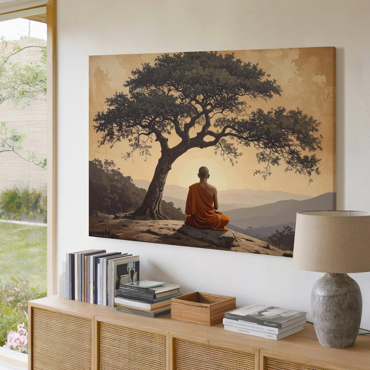 Monk Beneath Tree Canvas – Spiritual Solitude & Golden Sky Meditation Art - Gifitto