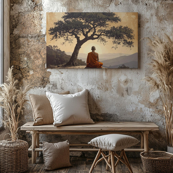 Monk Beneath Tree Canvas – Spiritual Solitude & Golden Sky Meditation Art - Gifitto
