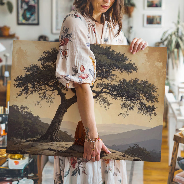 Monk Beneath Tree Canvas – Spiritual Solitude & Golden Sky Meditation Art - Gifitto