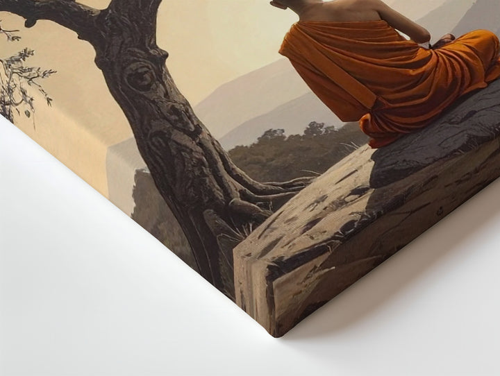Monk Beneath Tree Canvas – Spiritual Solitude & Golden Sky Meditation Art - Gifitto