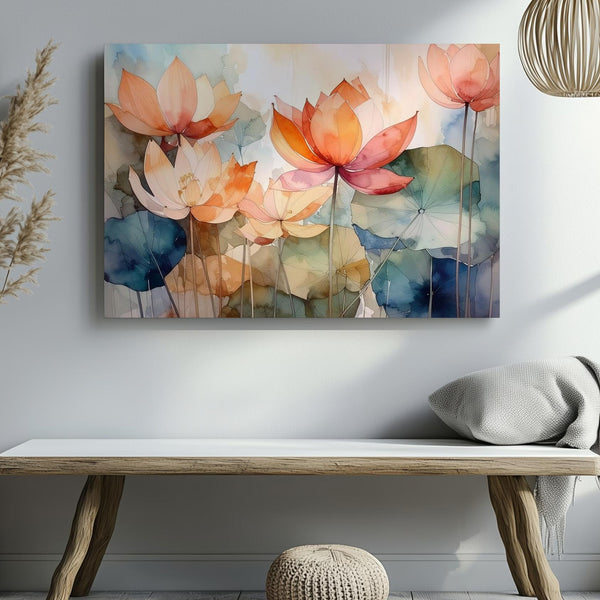 Warm Lotus Bloom Canvas – Watercolor Elegance & Spiritual Transformation Art - Gifitto