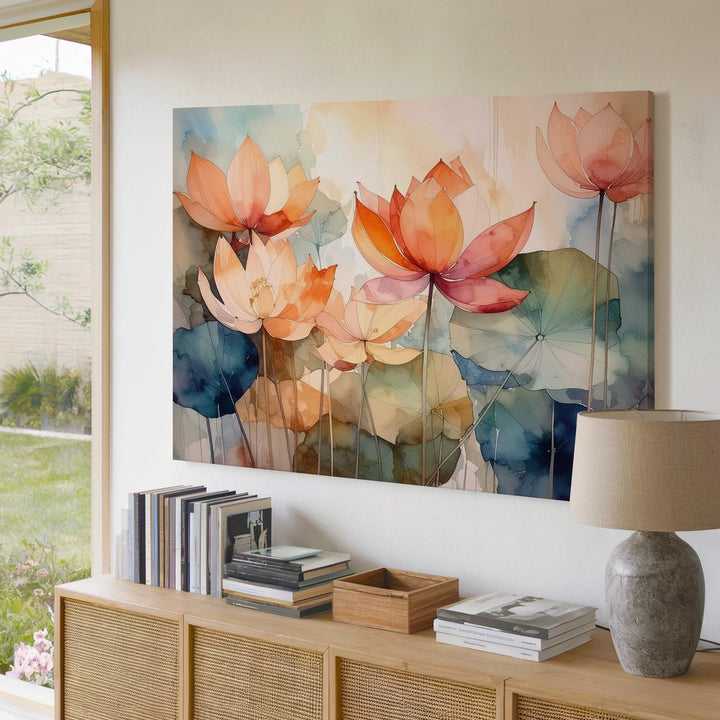 Warm Lotus Bloom Canvas – Watercolor Elegance & Spiritual Transformation Art - Gifitto