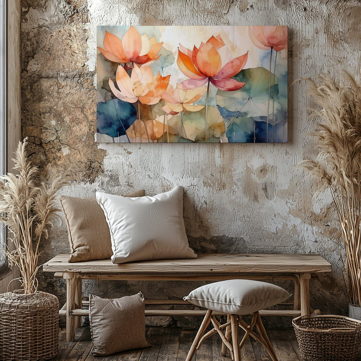 Warm Lotus Bloom Canvas – Watercolor Elegance & Spiritual Transformation Art - Gifitto