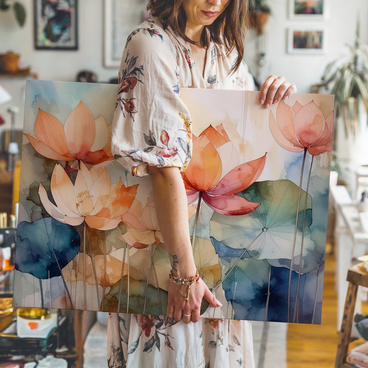 Warm Lotus Bloom Canvas – Watercolor Elegance & Spiritual Transformation Art - Gifitto