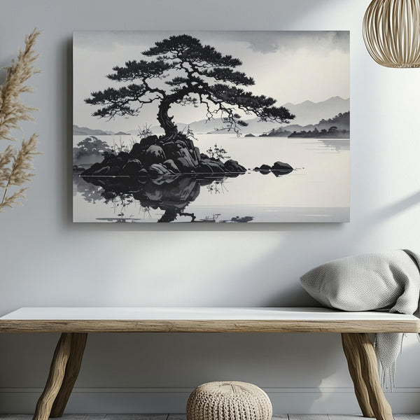 Solitary Pine on Water Canvas – Monochrome East Asian Ink Landscape Art - Gifitto