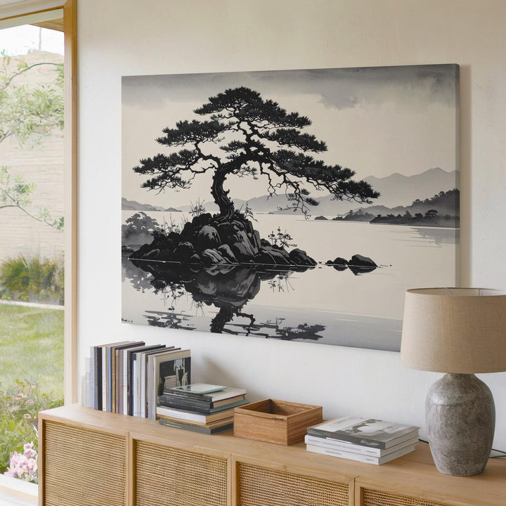 Solitary Pine on Water Canvas – Monochrome East Asian Ink Landscape Art - Gifitto