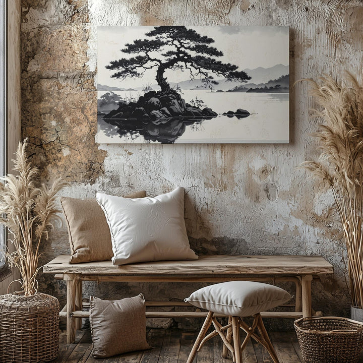Solitary Pine on Water Canvas – Monochrome East Asian Ink Landscape Art - Gifitto