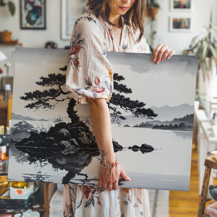 Solitary Pine on Water Canvas – Monochrome East Asian Ink Landscape Art - Gifitto