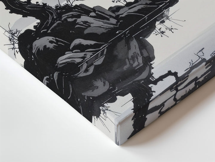Solitary Pine on Water Canvas – Monochrome East Asian Ink Landscape Art - Gifitto