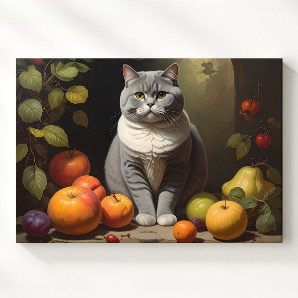Majestic British Shorthair Cat Canvas – Classical Still Life with Fruits - Gifitto