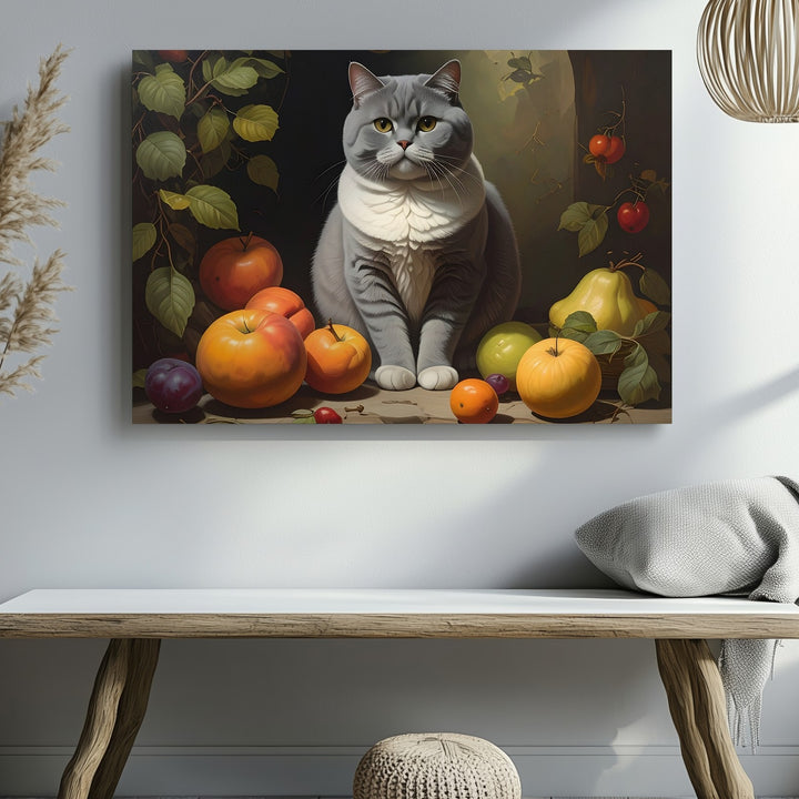 Majestic British Shorthair Cat Canvas – Classical Still Life with Fruits - Gifitto
