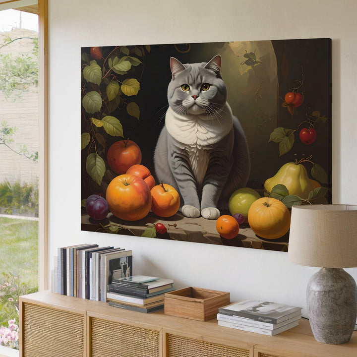 Majestic British Shorthair Cat Canvas – Classical Still Life with Fruits - Gifitto