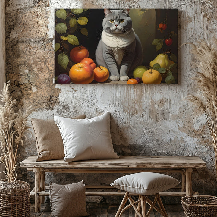 Majestic British Shorthair Cat Canvas – Classical Still Life with Fruits - Gifitto