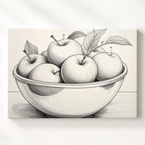 Minimal Apple Bowl Sketch Canvas – Black and White Line Art Fruit Illustration - Gifitto
