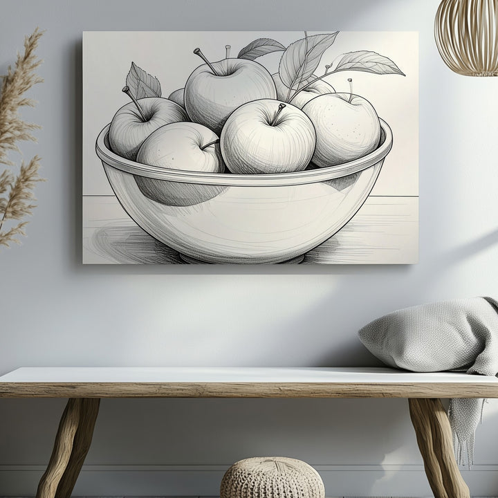 Minimal Apple Bowl Sketch Canvas – Black and White Line Art Fruit Illustration - Gifitto