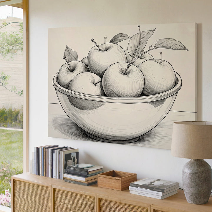 Minimal Apple Bowl Sketch Canvas – Black and White Line Art Fruit Illustration - Gifitto