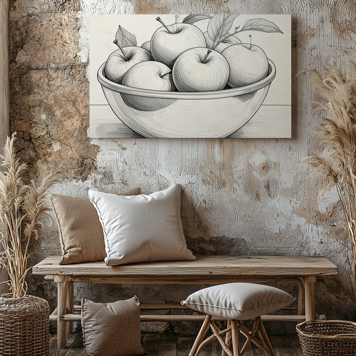 Minimal Apple Bowl Sketch Canvas – Black and White Line Art Fruit Illustration - Gifitto