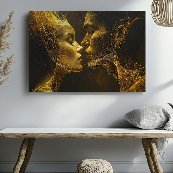 Golden Kiss Canvas – Abstract Love Energy with Glowing Faces - Gifitto