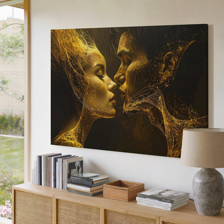 Golden Kiss Canvas – Abstract Love Energy with Glowing Faces - Gifitto