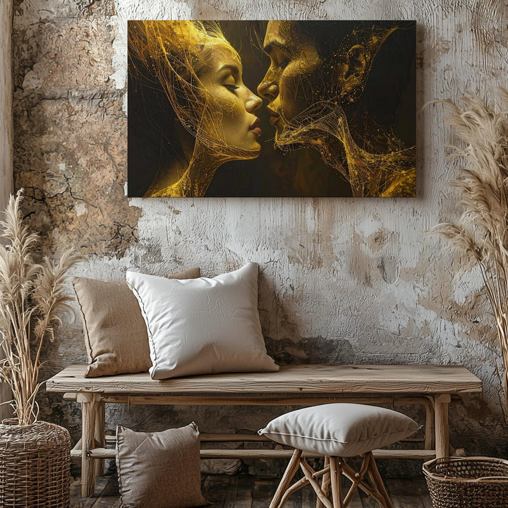 Golden Kiss Canvas – Abstract Love Energy with Glowing Faces - Gifitto