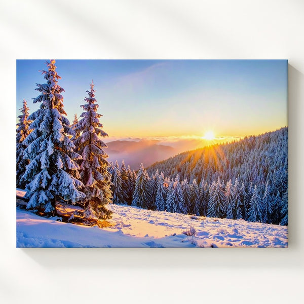 Golden Sunrise Forest Canvas – Snowy Pine Trees in Winter Morning Light